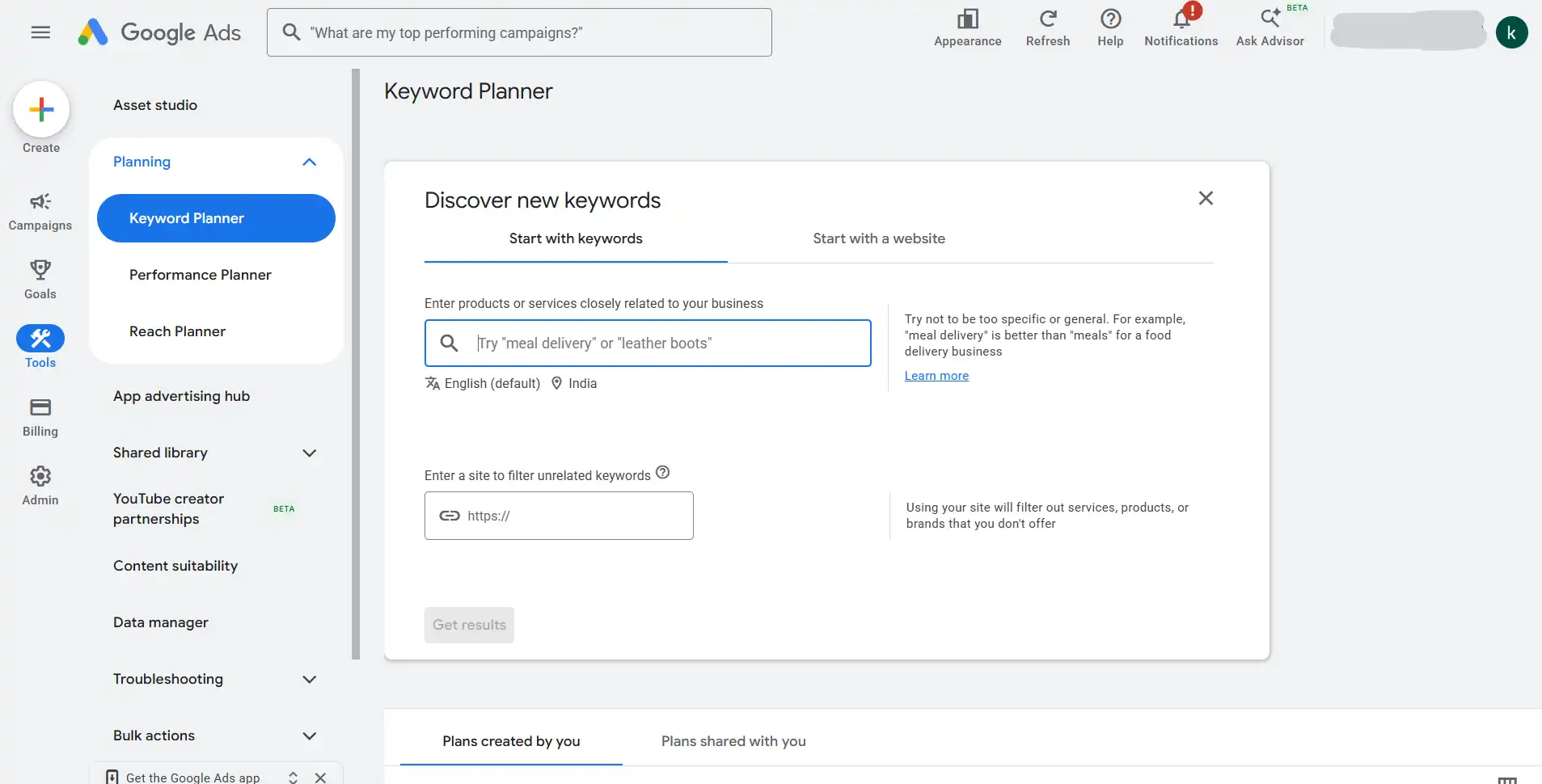 google_keyword_planner interface of google keyword planner
