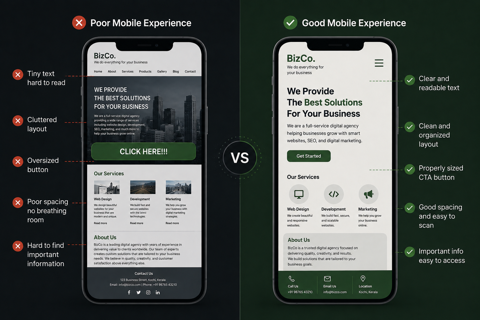 Common Mobile Website Design Mistakes Poor mobile website layout compared with a responsive mobile design