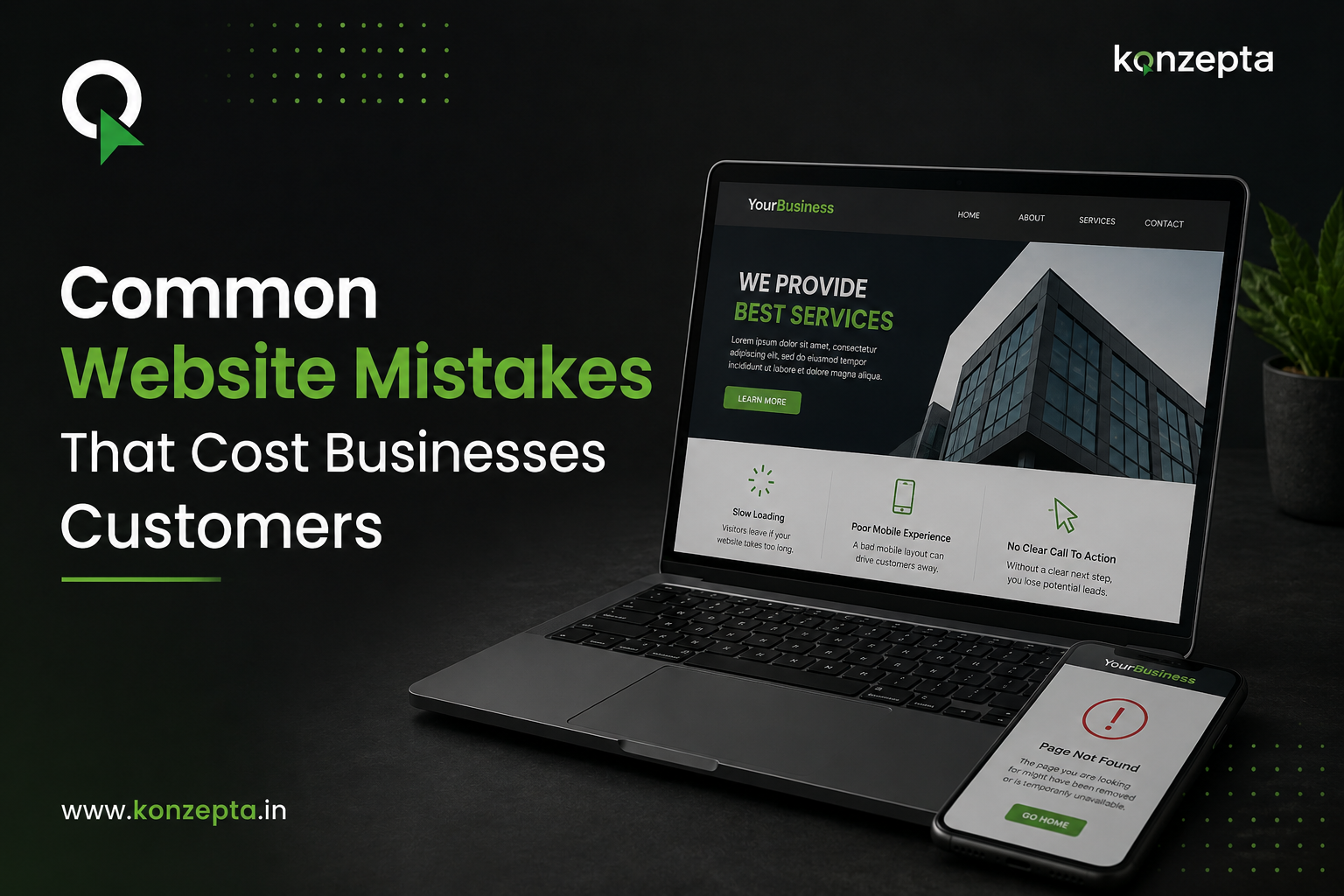 Common Website Mistakes Costing Customers Common website mistakes shown on a laptop and smartphone, including slow loading, poor mobile experience, unclear CTA and a broken page