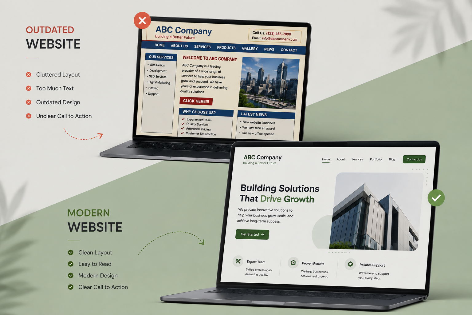 Outdated Website vs Modern Website Design Comparison of an outdated business website and a modern website design
