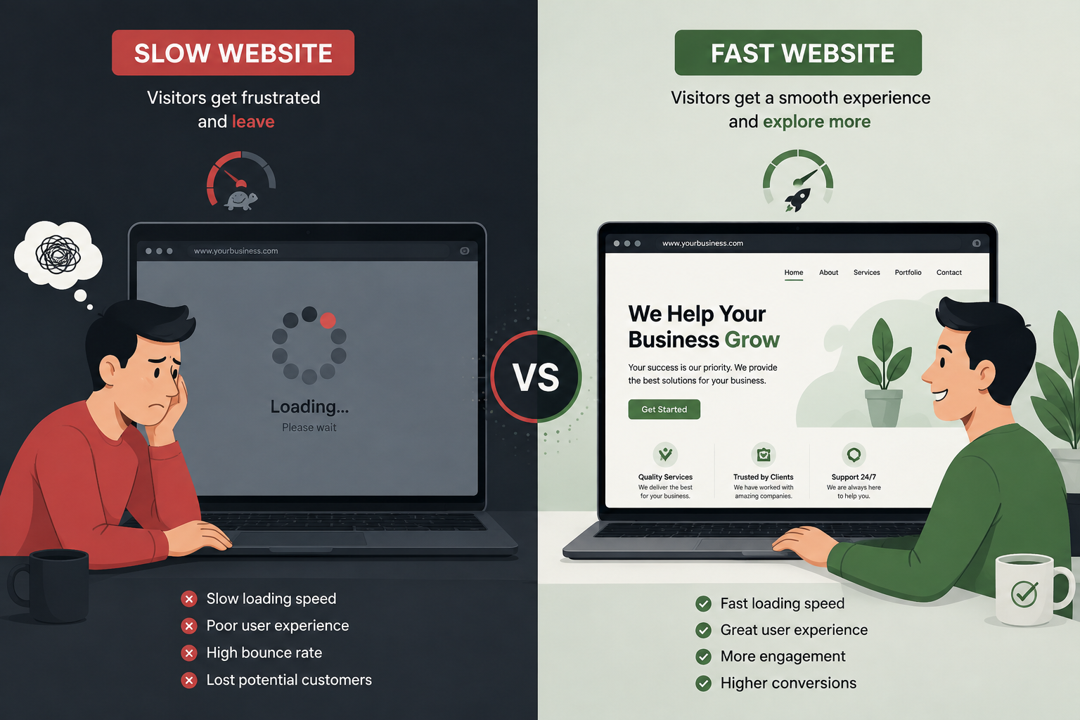 Slow Website vs Fast Website Comparison of a slow website loading screen and a fast website
